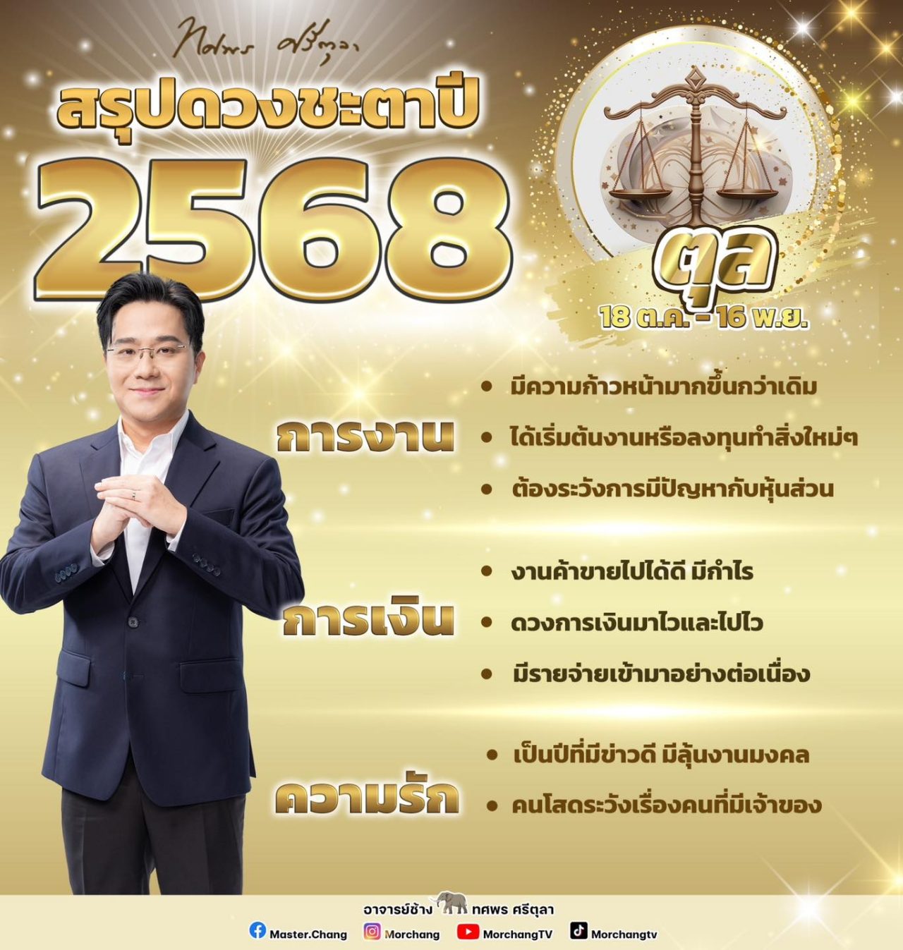 สรุปดวงชะตาราศีตุลย์ 2568 งาน เงิน ความรัก หมอช้าง ทศพร ศรีตุลา