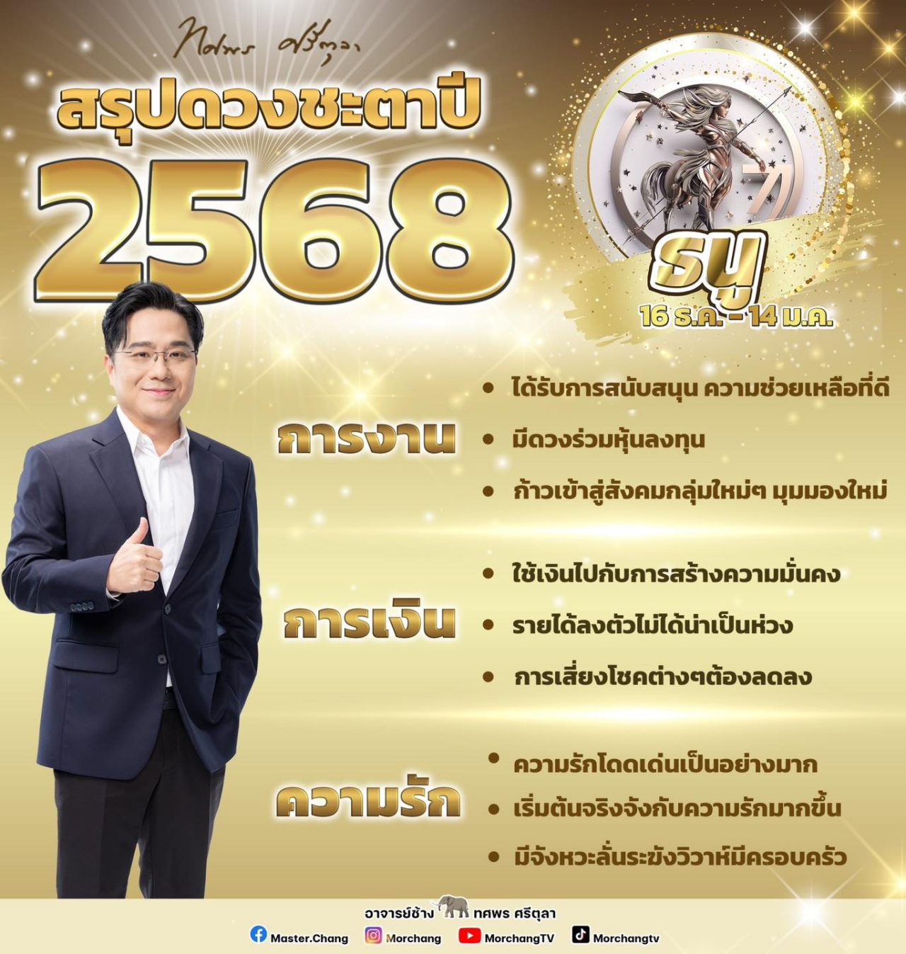 สรุปดวงชะตาราศีธนู 2568 งาน เงิน ความรัก หมอช้าง ทศพร ศรีตุลา