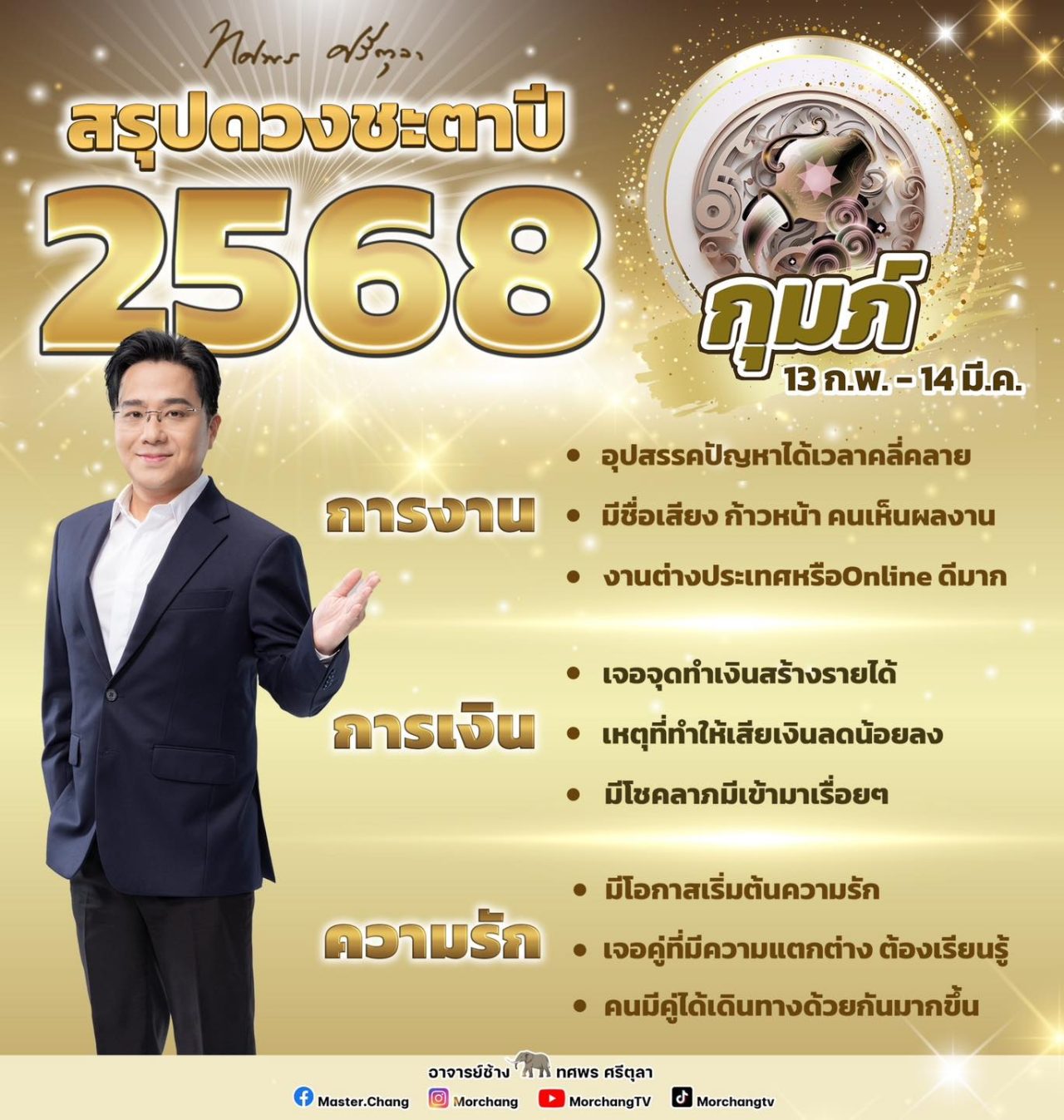 สรุปดวงชะตาราศีกุมภ์ 2568 งาน เงิน ความรัก หมอช้าง ทศพร ศรีตุลา