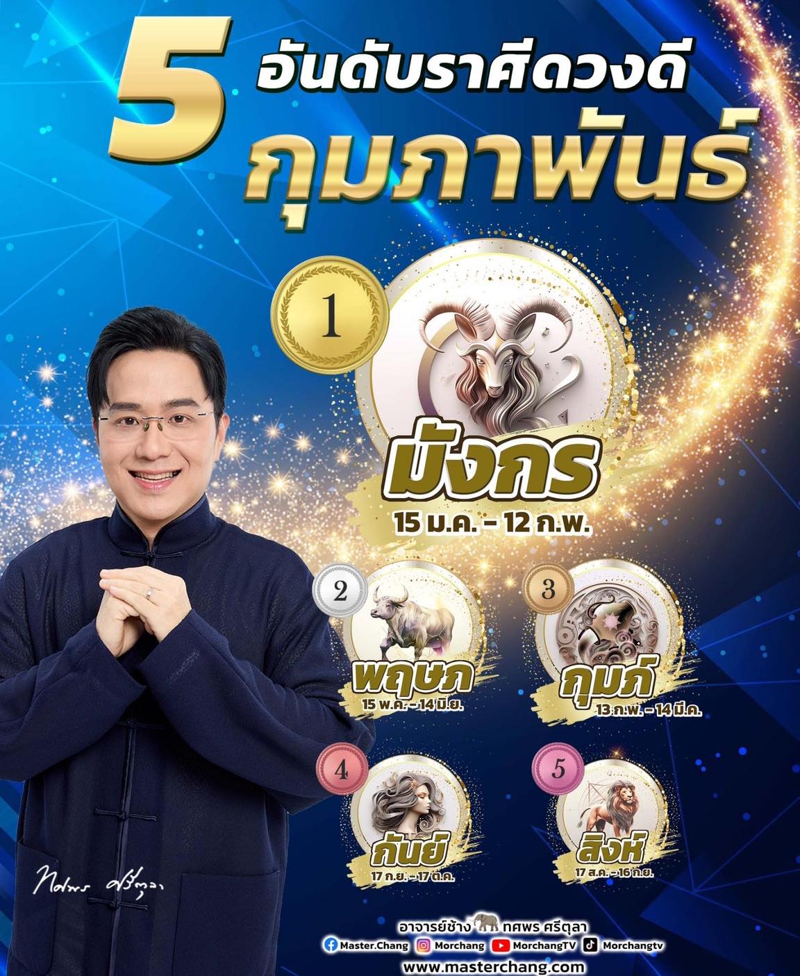 5 ราศี ดวงดีเดือนกุมภาพันธ์ สิงห์ กันย์ กุมภ์ พฤษภ มังกร หมอช้าง ทศพร