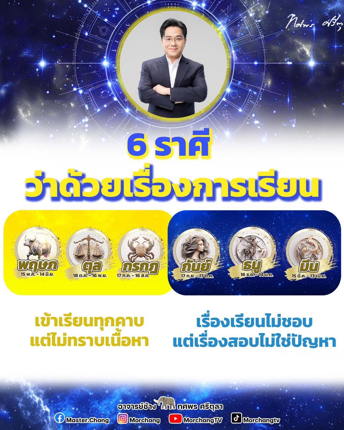 6 ราศี ว่าด้วยเรื่องการเรียน ราศีพฤษภ ราศีตุลย์ ราศีกรกฎ ราศีกันย์ ราศีธนู ราศีมีน